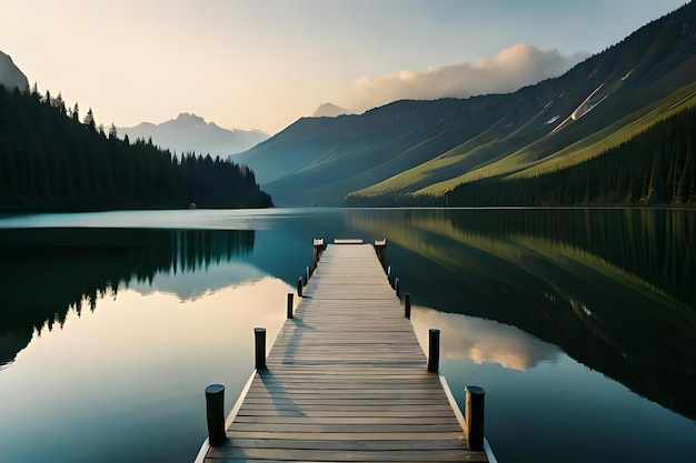 A dock with a mountain in the background