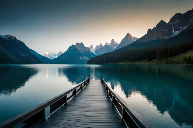 A dock with a mountain in the background