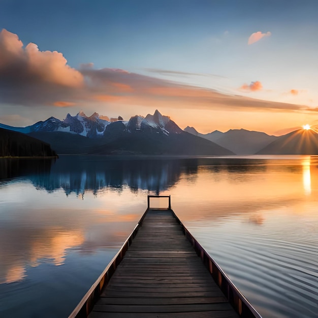 A dock with a mountain range in the background.