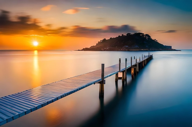 a dock with a sunset in the background and a mountain in the background