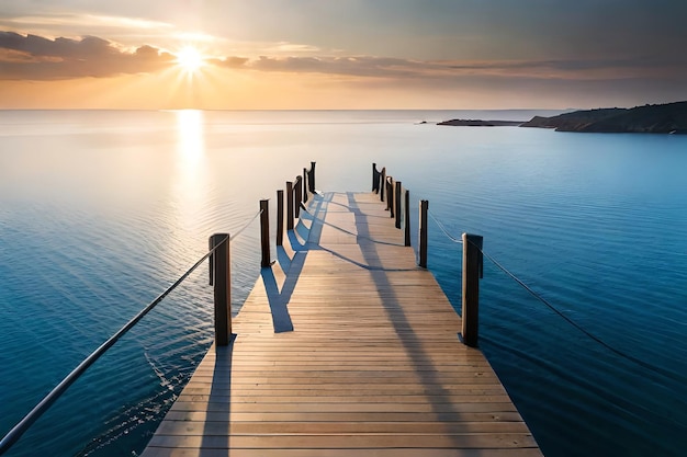 A dock with a sunset in the background