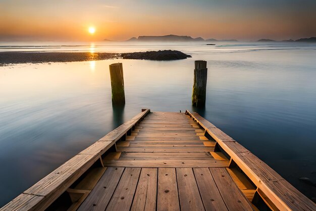 a dock with a sunset in the background