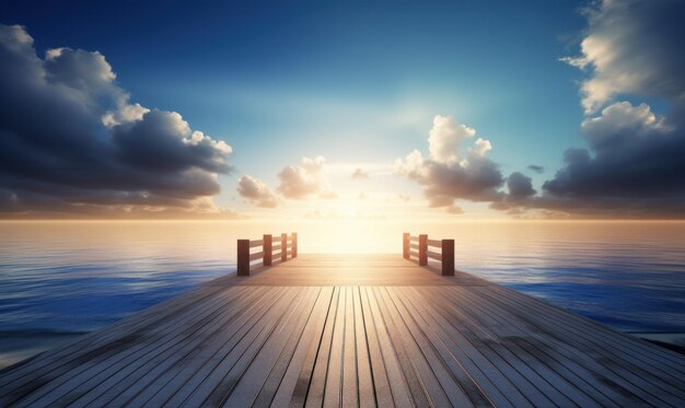 A dock with a sunset and clouds