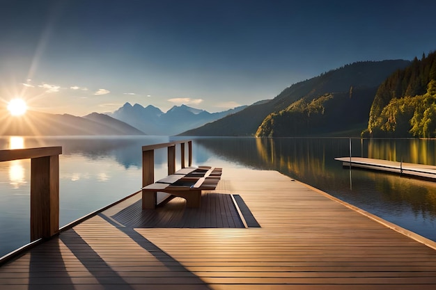 A dock with a view of a mountain and a lake in the background