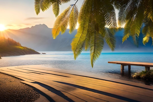 A dock with a view of the mountains in the background