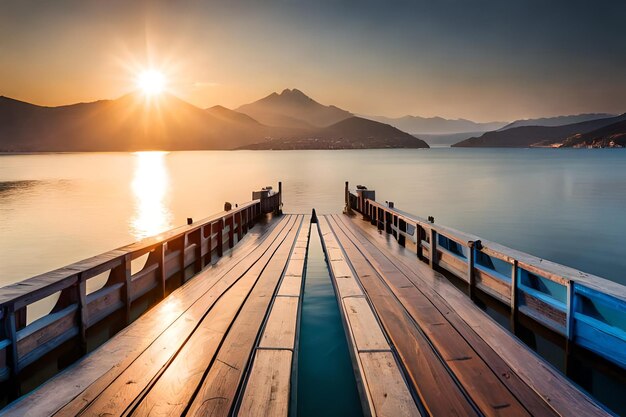 a dock with a view of the mountains in the background.