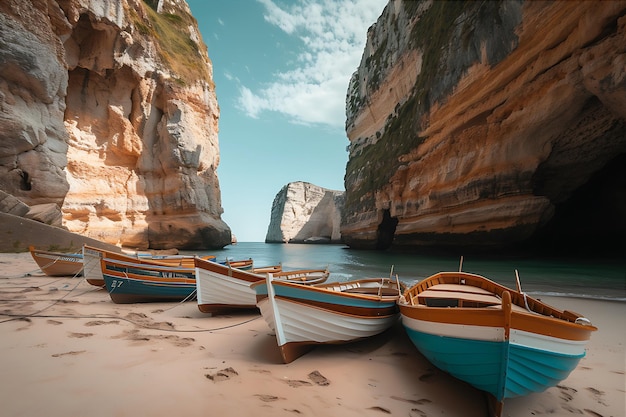 Docked Boats on a Beach with Cliffs