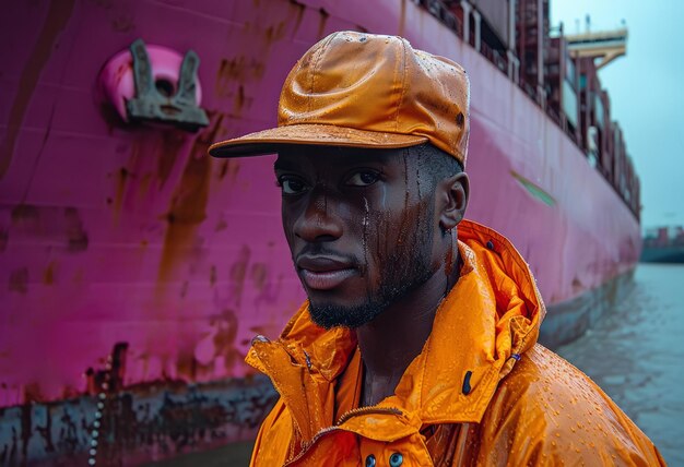 Dockwerker staat voor een groot schip met een oranje regenjas en hoed.