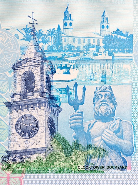 Dockyard Clock Tower and statue of Neptune from Bermudian dollar