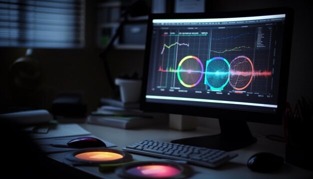 Photo doctor analyzing pulse trace on computer monitor in modern hospital generated by ai