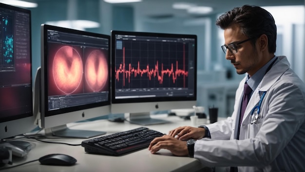Doctor analyzing pulse trace on computer monitor in modern hospital