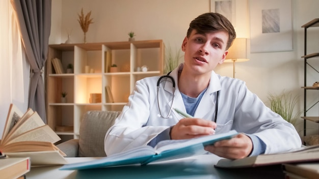 Doctor appointment medical history online diagnostics young physician man in white uniform writing