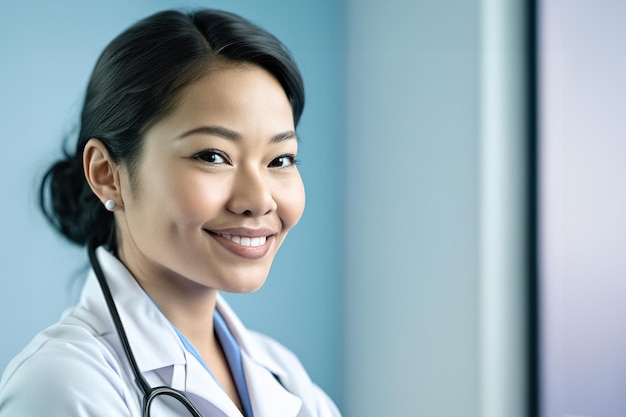 Doctor of asian descent in gown and smiling