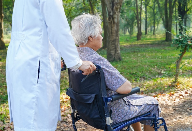 Doctor and Asian senior patient with care on wheelchair in park.