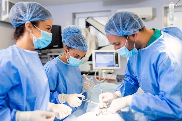 Medico e assistente infermiere che operano per aiutare il paziente da un caso di emergenza pericolosa strumenti chirurgici sul tavolo sterile nella sala operatoria di emergenza dell'ospedaleassistenza medica e medica