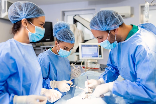 Doctor and assistant nurse operating for help patient from dangerous emergency case Surgical instruments on the sterile table in the emergency operation room in the hospitalHealth care and Medical