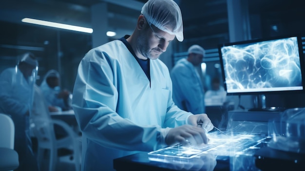 Foto il dottore in cappotto blu lavora in un ospedale futuristico.