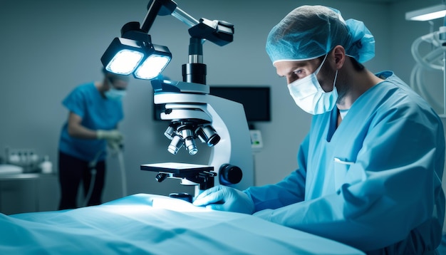 A doctor in a blue gown is using a microscope