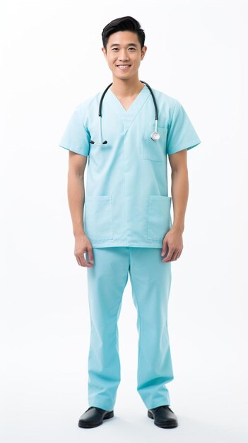 Photo a doctor in a blue scrubs stands in front of a white background