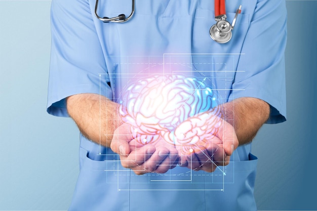 Doctor on blurred background using digital brain scan hologram 3D rendering