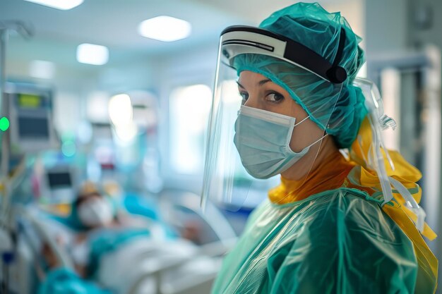 A doctor in a cap and mask stands over a patients bed against the background of a hospital room