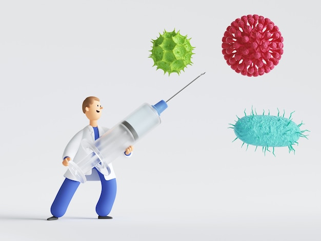 Foto personaggio dei cartoni animati medico che combatte contro il coronavirus covid-19 con una grande siringa.