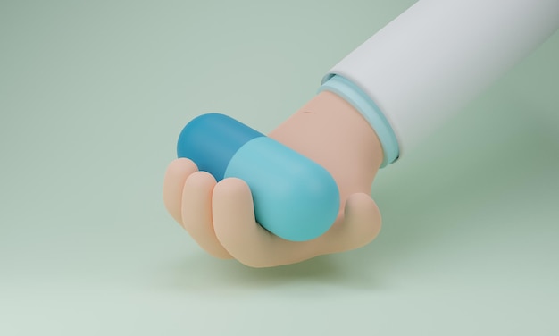 Photo doctor cartoon hand holds a paxlovid capsule antiviral drug pill for anti corona viruscovid19 pastel conceptisolate backgroundhealthcare medical3d rendering illustration
