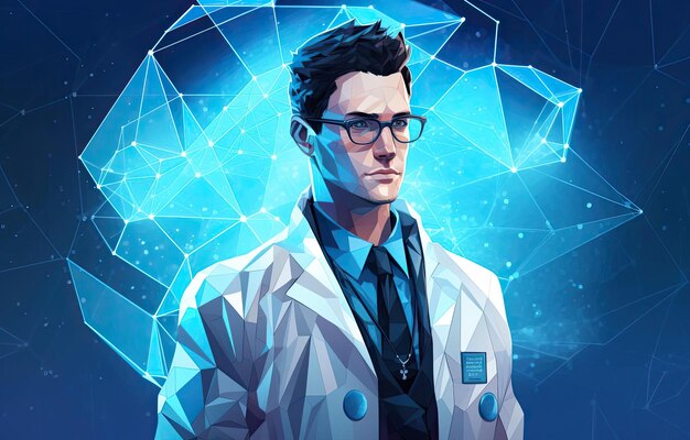 Doctor character drawn in lowpolygon pattern with wireframe background