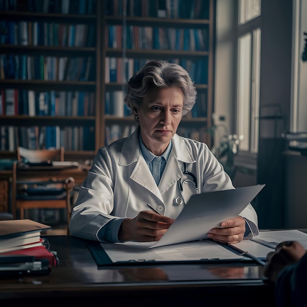 Photo a doctor in a clinic or office setting reviewing a patients medical chart