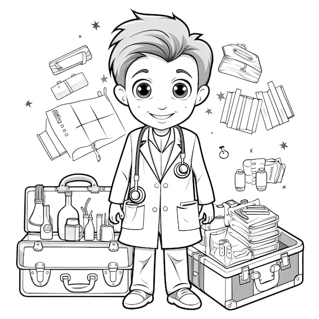 doctor coloring sheet with a medical kit print version in the style of emotive gestures