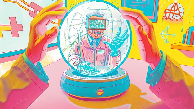 A doctor consulting a crystal ball for random futuristic medical diagnoses