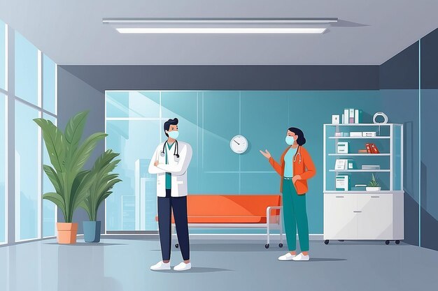 Doctor consulting patient in mask coronavirus 2019nCoV protection reception of patients medical consultation concept modern hospital interior full length horizontal vector illustration