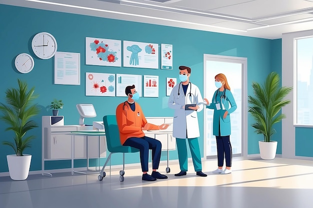 Photo doctor consulting patient in mask coronavirus 2019ncov protection reception of patients medical consultation concept modern hospital interior full length horizontal vector illustration