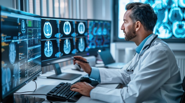 Photo a doctor consulting with an ai diagnostic tool to analyze medical images