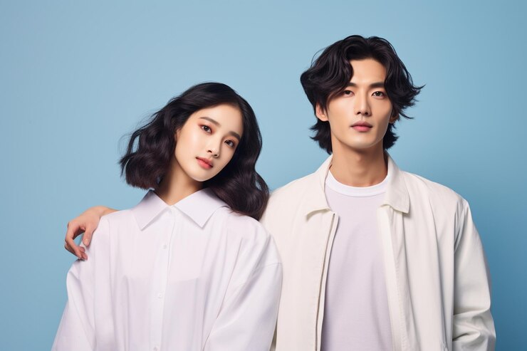 한 의사 부부는 파스텔색 배경으로 사진을 찍습니다.