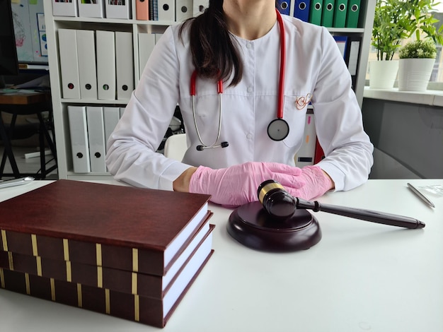 Doctor in courthouse meets with lawyer closeup