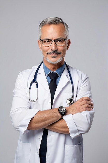 Foto dottore che incrocia le braccia mentre tiene lo stetoscopio in cappotto bianco