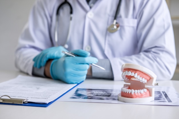 치료에 사용되는 환자 치아 엑스레이 필름, 모델 및 장비로 작업하는 의사 또는 치과 의사