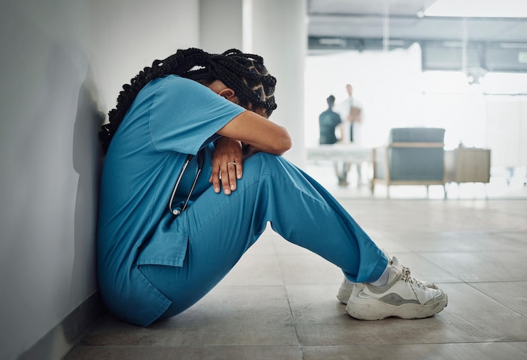 Photo doctor depression and stress with black woman on floor for patient loss surgery fail or death in hospital mental health sad or anxiety for healthcare worker nurse in medical community clinic