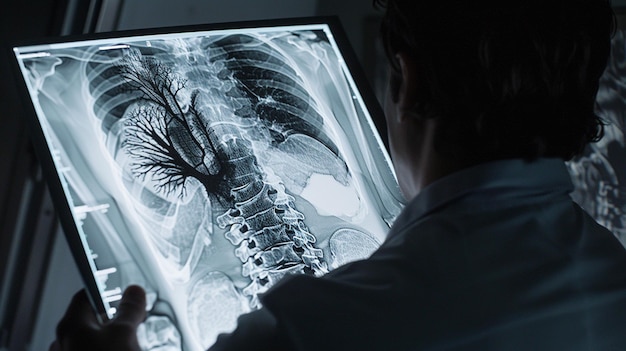 닥터는 가 척추 MRI 또는 CT X-ray 사진에서 발견 된 결과를 논의합니다.