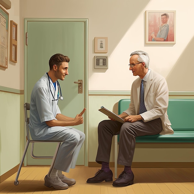 Врач обсуждает результаты анализов с пожилым пациентом в тихой смотровой комнате.
