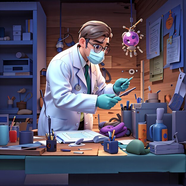 Doctor doing virus research 3d character illustration