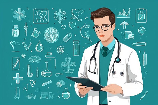 Doctor drawing medical icons Concept of health Vector