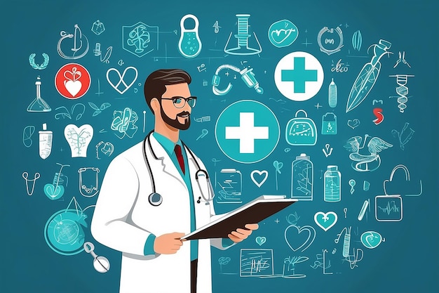 Doctor drawing medical icons Concept of health Vector
