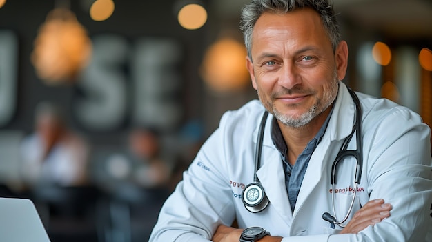 Photo doctor in dress shirt and stethoscope sitting at laptop smiling