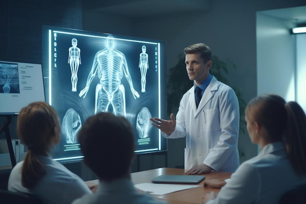 a doctor explaining the bones to a group of people in front of a screen with the words human skeleton on it.