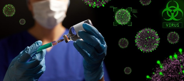 doctor in face mask with syringe and medicine