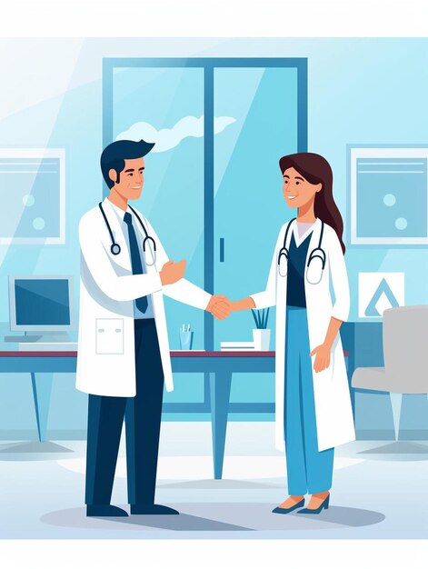 Photo doctor and female patient meeting at the hospital and shaking hands healthcare and medicine banner