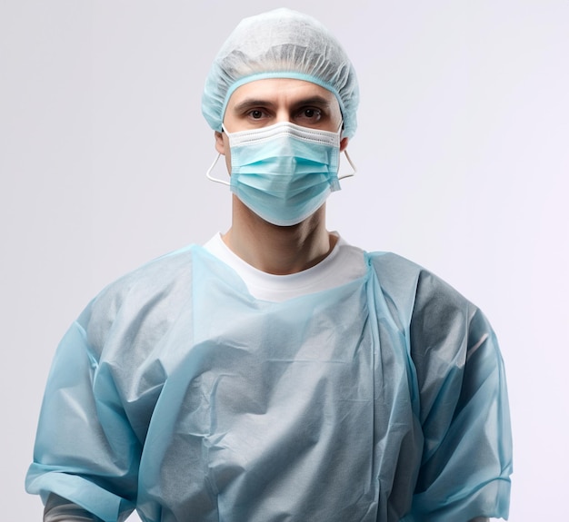 Doctor in full surgical suit with mask and gloves confident posture white background