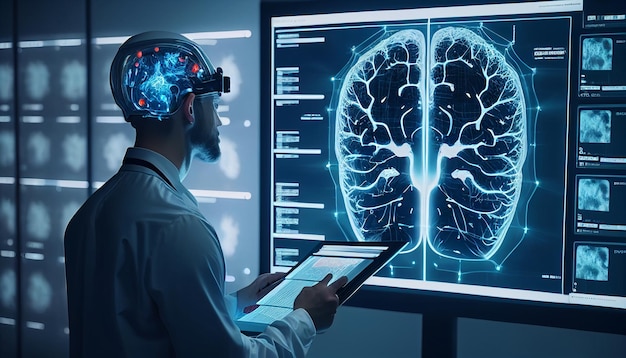 A doctor in the future uses advanced holographic scanning of a patient's brain cell disease and diagnostic scan AI Generative